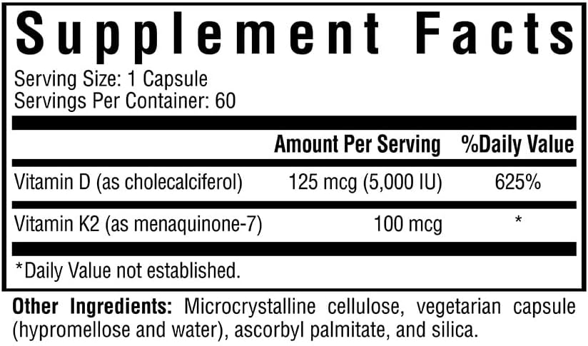 Vitamin D3 + K2 | 5000 IU of D3 (as cholecalciferol) for Optimal Calcium Absorption | 100 mcg of K2 (as menaquinone-7) for Circulatory Health | Supports Bone & Immune Health | 60 Vegetarian Capsules