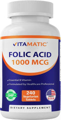 Vitamatic Folic Acid 1000 mcg (1 mg) - Vegetarian Tablets - 1667 mcg DFE - Vitamin B9 (240 Count (Pack of 1))