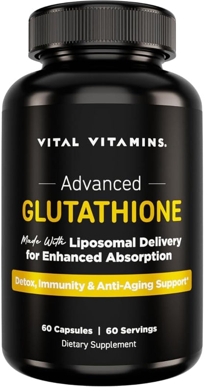 Vital Vitamins Glutathione Supplement - 500mg L-Glutathione per Serving - Made with Liposomal Delivery for Max Absorption - Detox, Immunity, Anti-Aging Support - Non-GMO - 60-Day Supply, 60 Capsules