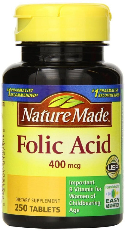 Nature Made Folic Acid 400 mcg (665 mcg DFE), Dietary Supplement for Nervous System Function, 250 Tablets, 250 Day Supply
