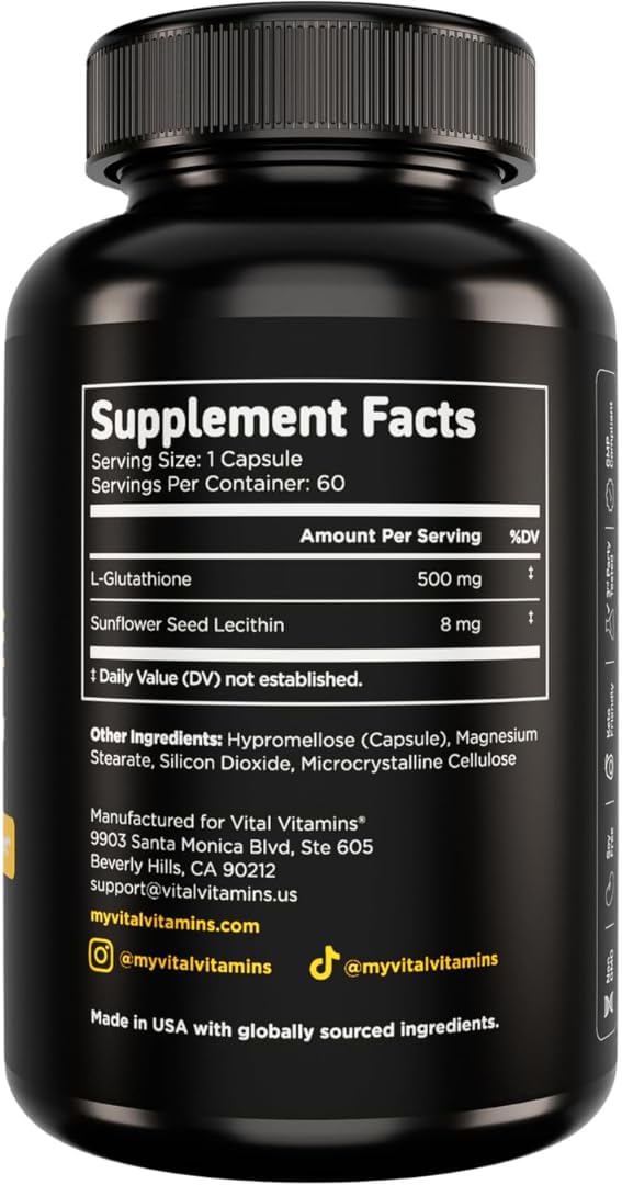 Vital Vitamins Glutathione Supplement - 500mg L-Glutathione per Serving - Made with Liposomal Delivery for Max Absorption - Detox, Immunity, Anti-Aging Support - Non-GMO - 60-Day Supply, 60 Capsules