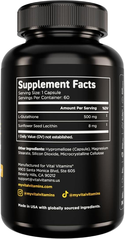 Vital Vitamins Glutathione Supplement - 500mg L-Glutathione per Serving - Made with Liposomal Delivery for Max Absorption - Detox, Immunity, Anti-Aging Support - Non-GMO - 60-Day Supply, 60 Capsules