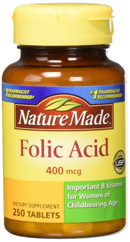 Nature Made Folic Acid 400 mcg (665 mcg DFE), Dietary Supplement for Nervous System Function, 250 Tablets, 250 Day Supply