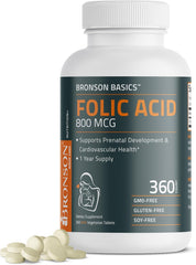 Bronson Folic Acid 800 MCG Supports Prenatal Development, 1 Year Supply, Non-GMO, 360 Tablets