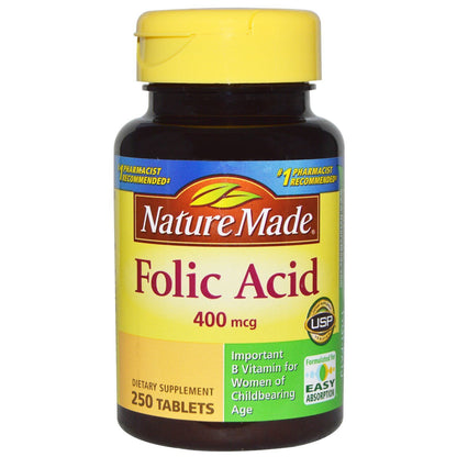 Nature Made Folic Acid 400 mcg (665 mcg DFE), Dietary Supplement for Nervous System Function, 250 Tablets, 250 Day Supply
