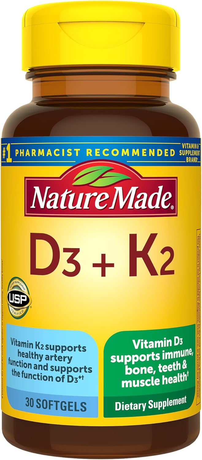 Nature Made Vitamin D3 K2, 5000 IU (125 mcg) Vitamin D, Dietary Supplement for Bone, Teeth, Muscle and Immune Health Support, 30 Softgels, 30 Day Supply