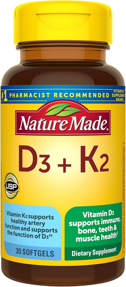 Nature Made Vitamin D3 K2, 5000 IU (125 mcg) Vitamin D, Dietary Supplement for Bone, Teeth, Muscle and Immune Health Support, 30 Softgels, 30 Day Supply