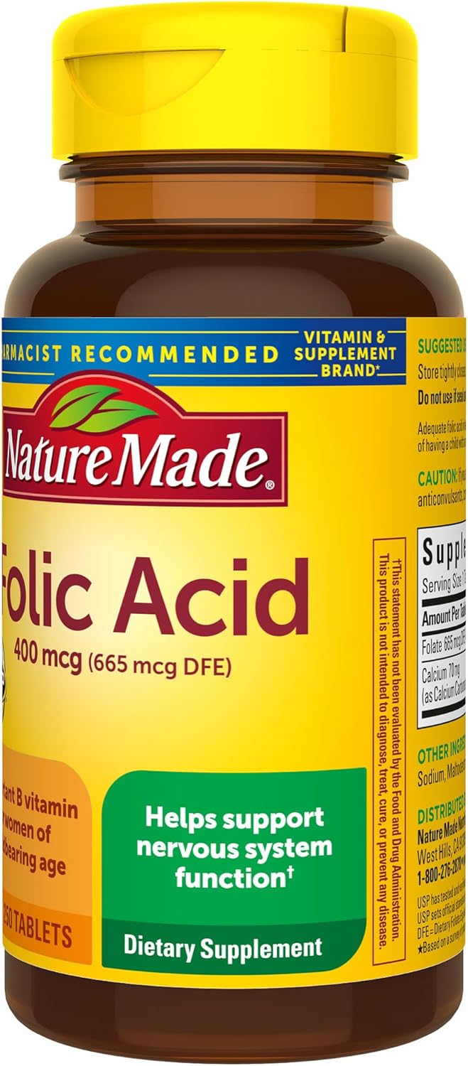 Nature Made Folic Acid 400 mcg (665 mcg DFE), Dietary Supplement for Nervous System Function, 250 Tablets, 250 Day Supply