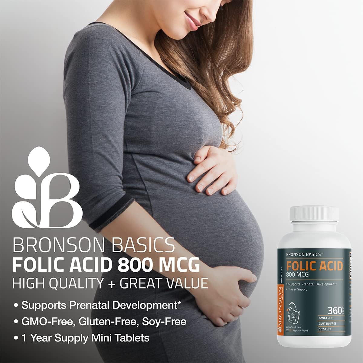Bronson Folic Acid 800 MCG Supports Prenatal Development, 1 Year Supply, Non-GMO, 360 Tablets