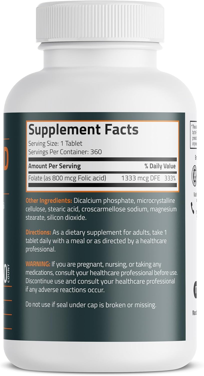 Bronson Folic Acid 800 MCG Supports Prenatal Development, 1 Year Supply, Non-GMO, 360 Tablets