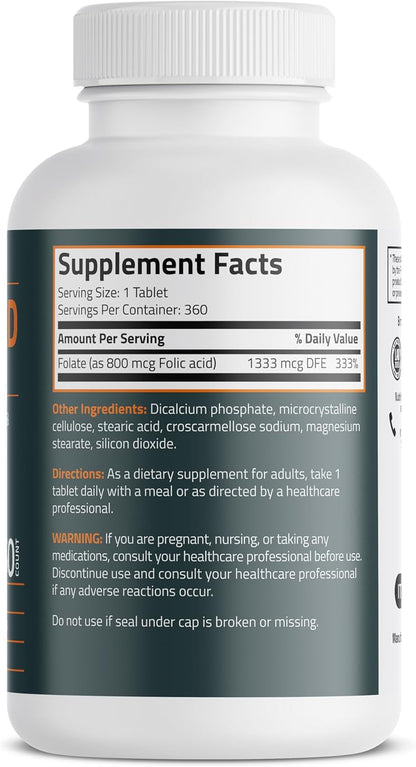 Bronson Folic Acid 800 MCG Supports Prenatal Development, 1 Year Supply, Non-GMO, 360 Tablets
