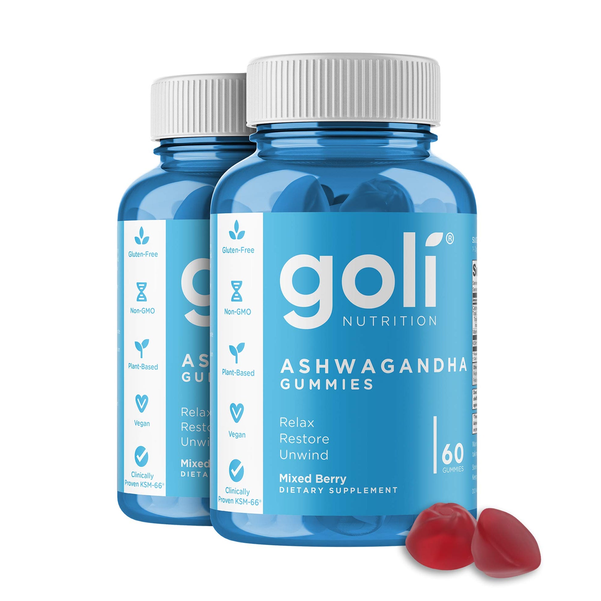 Goli Ashwagandha & Vitamin D Gummy - 60 Count - Mixed Berry, KSM-66, Vegan, Plant Based, Non-GMO, Gluten-Free & Gelatin Free Relax. Restore. Unwind, Pack of 1