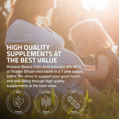 Bronson Folic Acid 800 MCG Supports Prenatal Development, 1 Year Supply, Non-GMO, 360 Tablets