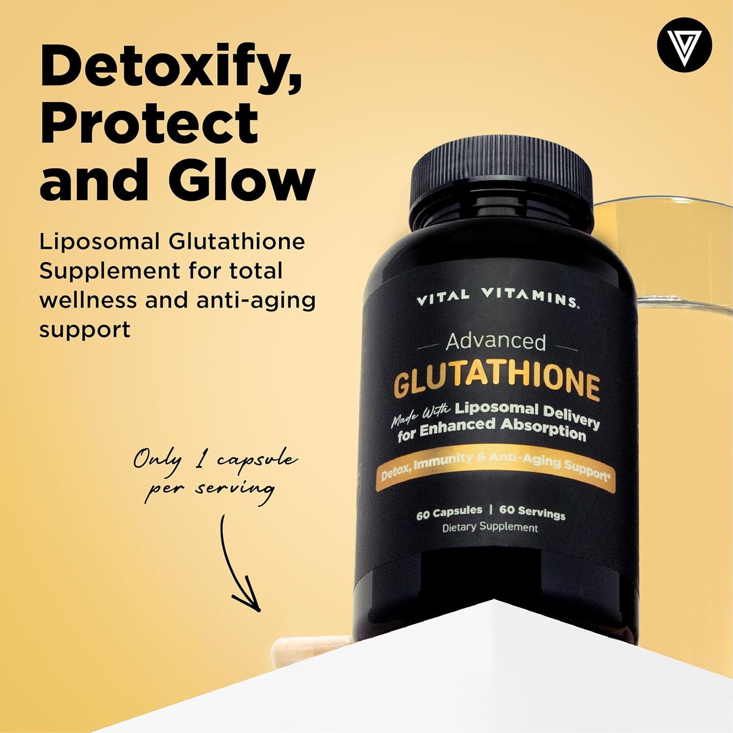 Vital Vitamins Glutathione Supplement - 500mg L-Glutathione per Serving - Made with Liposomal Delivery for Max Absorption - Detox, Immunity, Anti-Aging Support - Non-GMO - 60-Day Supply, 60 Capsules