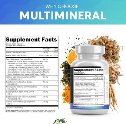 Clean Nutraceuticals Sea Moss Black Seed Oil Ashwagandha Turmeric Bladderwrack Burdock & Vitamin C Vitamin D3 with Elderberry Manuka Dandelion Yellow Dock Iodine Chlorophyll ACV