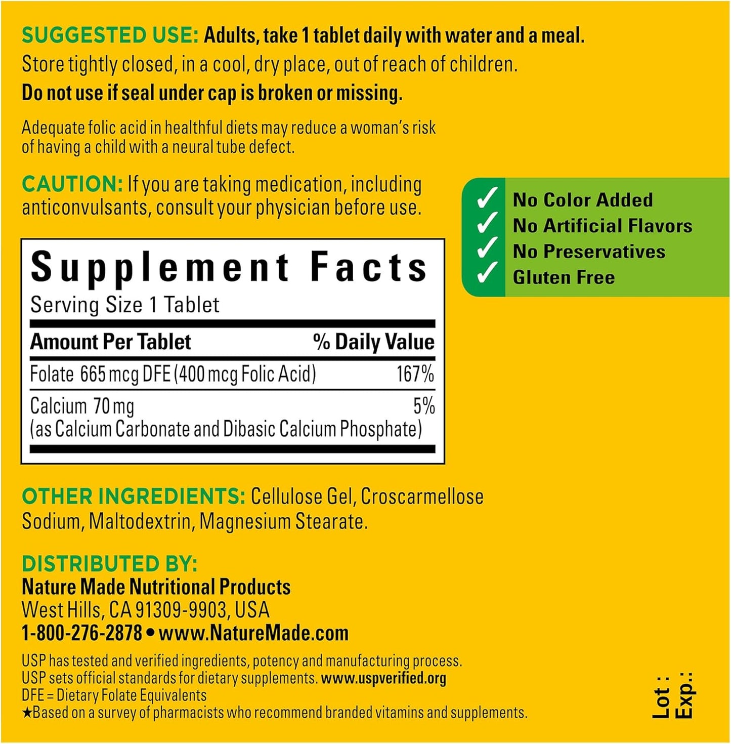 Nature Made Folic Acid 400 mcg (665 mcg DFE), Dietary Supplement for Nervous System Function, 250 Tablets, 250 Day Supply