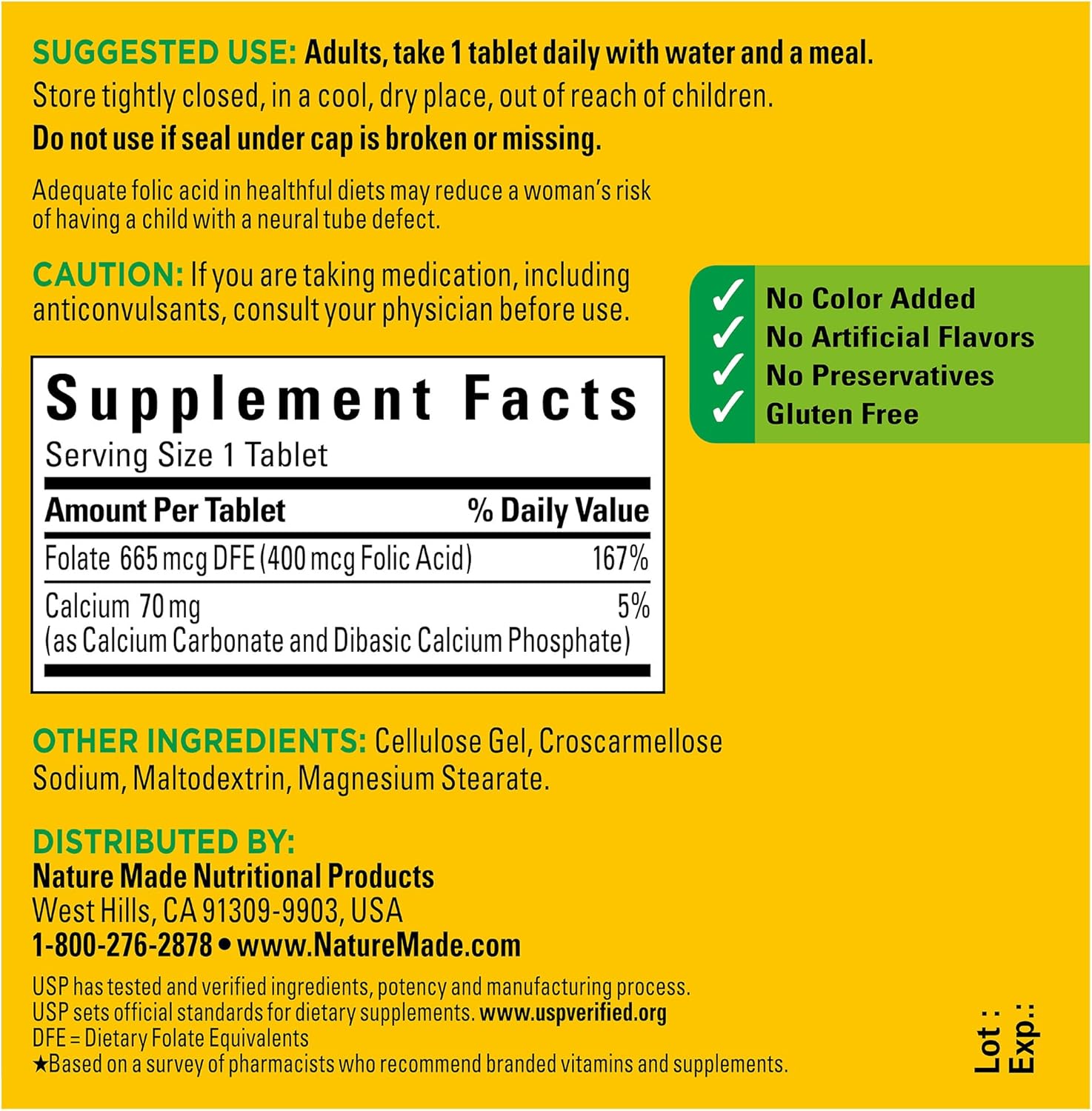 Nature Made Folic Acid 400 mcg (665 mcg DFE), Dietary Supplement for Nervous System Function, 250 Tablets, 250 Day Supply