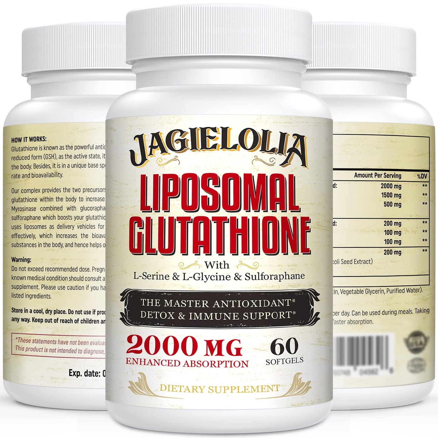 Liposomal Glutathione 2000 mg with L-Serine, L-Glycine & Sulforaphane – Active L-Glutathione Unique Formulation to Enhance Absorption - Master Antioxidant, Detoxifying & Immune | 60 Softgels