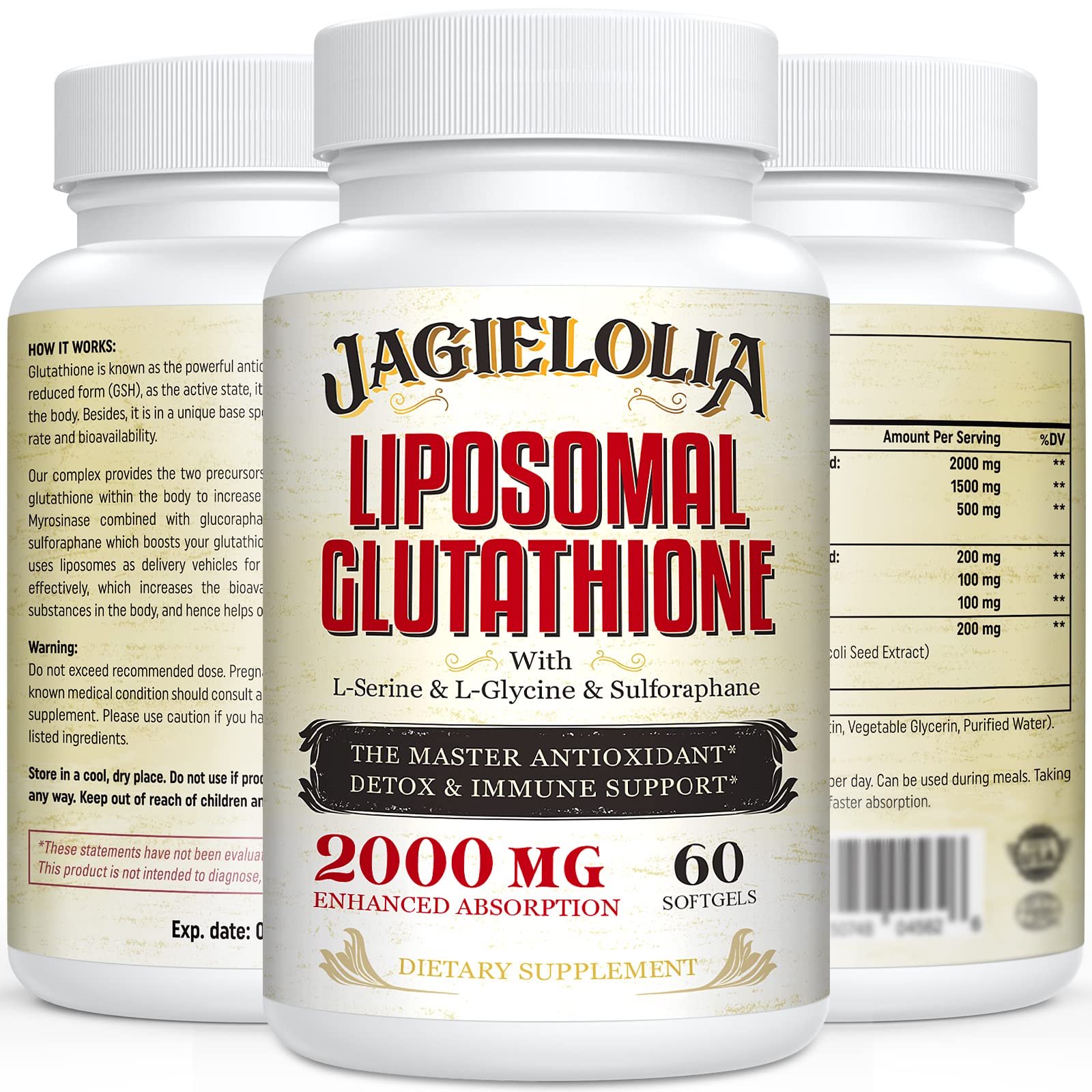 Liposomal Glutathione 2000 mg with L-Serine, L-Glycine & Sulforaphane – Active L-Glutathione Unique Formulation to Enhance Absorption - Master Antioxidant, Detoxifying & Immune | 60 Softgels