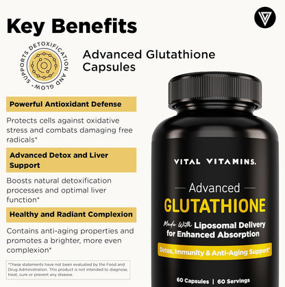 Vital Vitamins Glutathione Supplement - 500mg L-Glutathione per Serving - Made with Liposomal Delivery for Max Absorption - Detox, Immunity, Anti-Aging Support - Non-GMO - 60-Day Supply, 60 Capsules