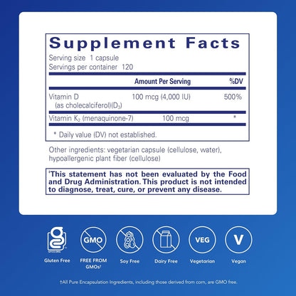Pure Encapsulations Vitamin D3 & K2 | Bone and Vascular Health Support | 120 Capsules*