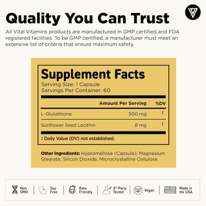 Vital Vitamins Glutathione Supplement - 500mg L-Glutathione per Serving - Made with Liposomal Delivery for Max Absorption - Detox, Immunity, Anti-Aging Support - Non-GMO - 60-Day Supply, 60 Capsules