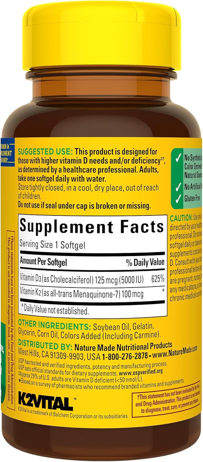 Nature Made Vitamin D3 K2, 5000 IU (125 mcg) Vitamin D, Dietary Supplement for Bone, Teeth, Muscle and Immune Health Support, 30 Softgels, 30 Day Supply