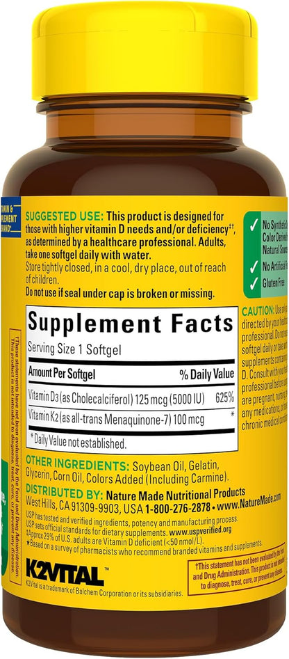Nature Made Vitamin D3 K2, 5000 IU (125 mcg) Vitamin D, Dietary Supplement for Bone, Teeth, Muscle and Immune Health Support, 30 Softgels, 30 Day Supply