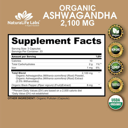Organic Ashwagandha 2,100 mg - 100 Veggie Capsules Pure Organic Ashwagandha Powder and Root Extract - Stress Relief, Mood Enhancer
