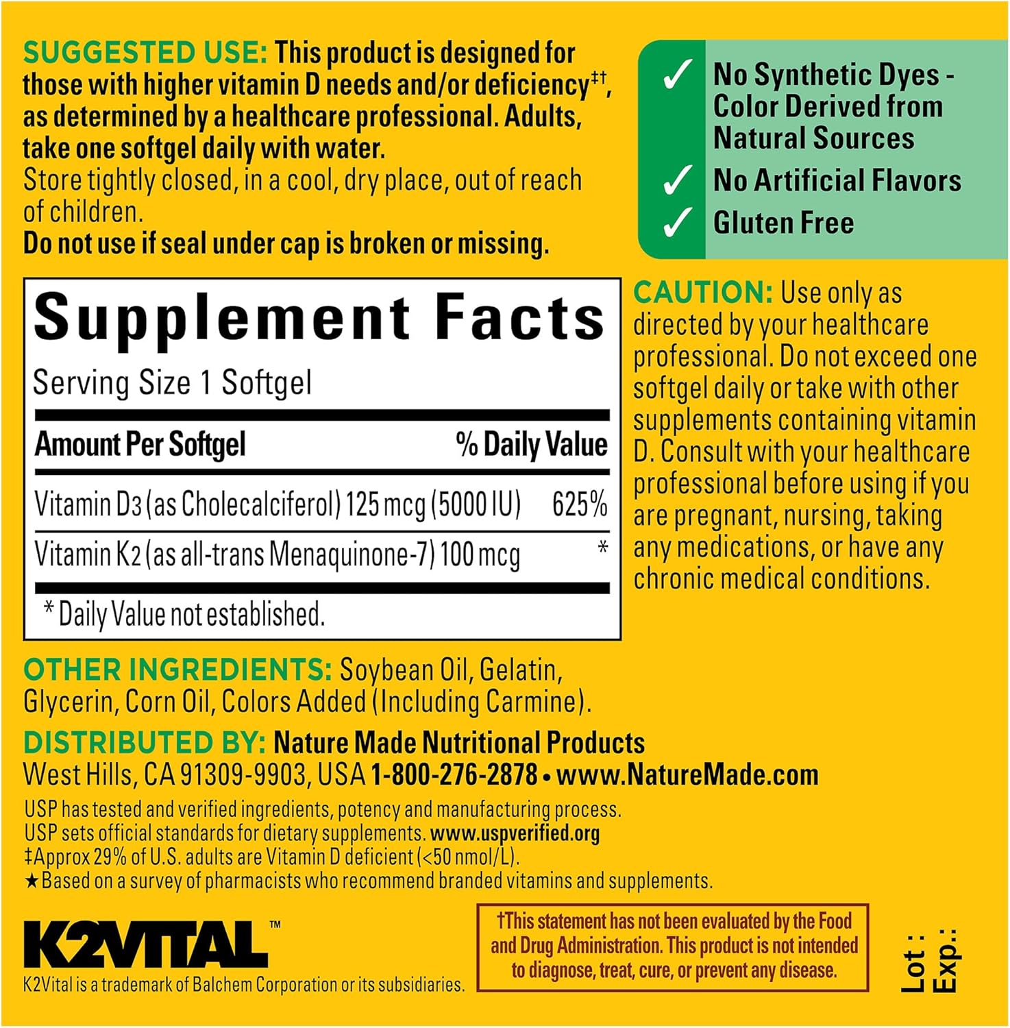 Nature Made Vitamin D3 K2, 5000 IU (125 mcg) Vitamin D, Dietary Supplement for Bone, Teeth, Muscle and Immune Health Support, 30 Softgels, 30 Day Supply