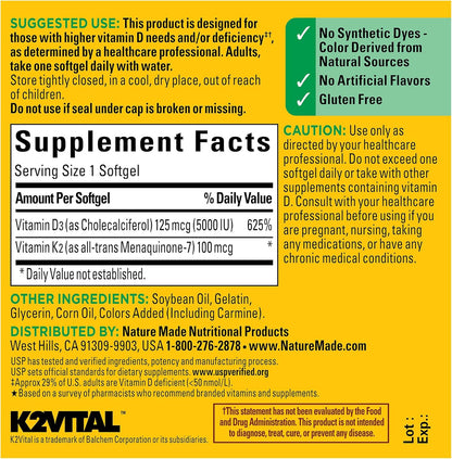 Nature Made Vitamin D3 K2, 5000 IU (125 mcg) Vitamin D, Dietary Supplement for Bone, Teeth, Muscle and Immune Health Support, 30 Softgels, 30 Day Supply